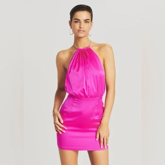 NWOT Retrofete Anahita Pink Silk Halter Neck Mini Dress Size XS - Picture 2 of 14